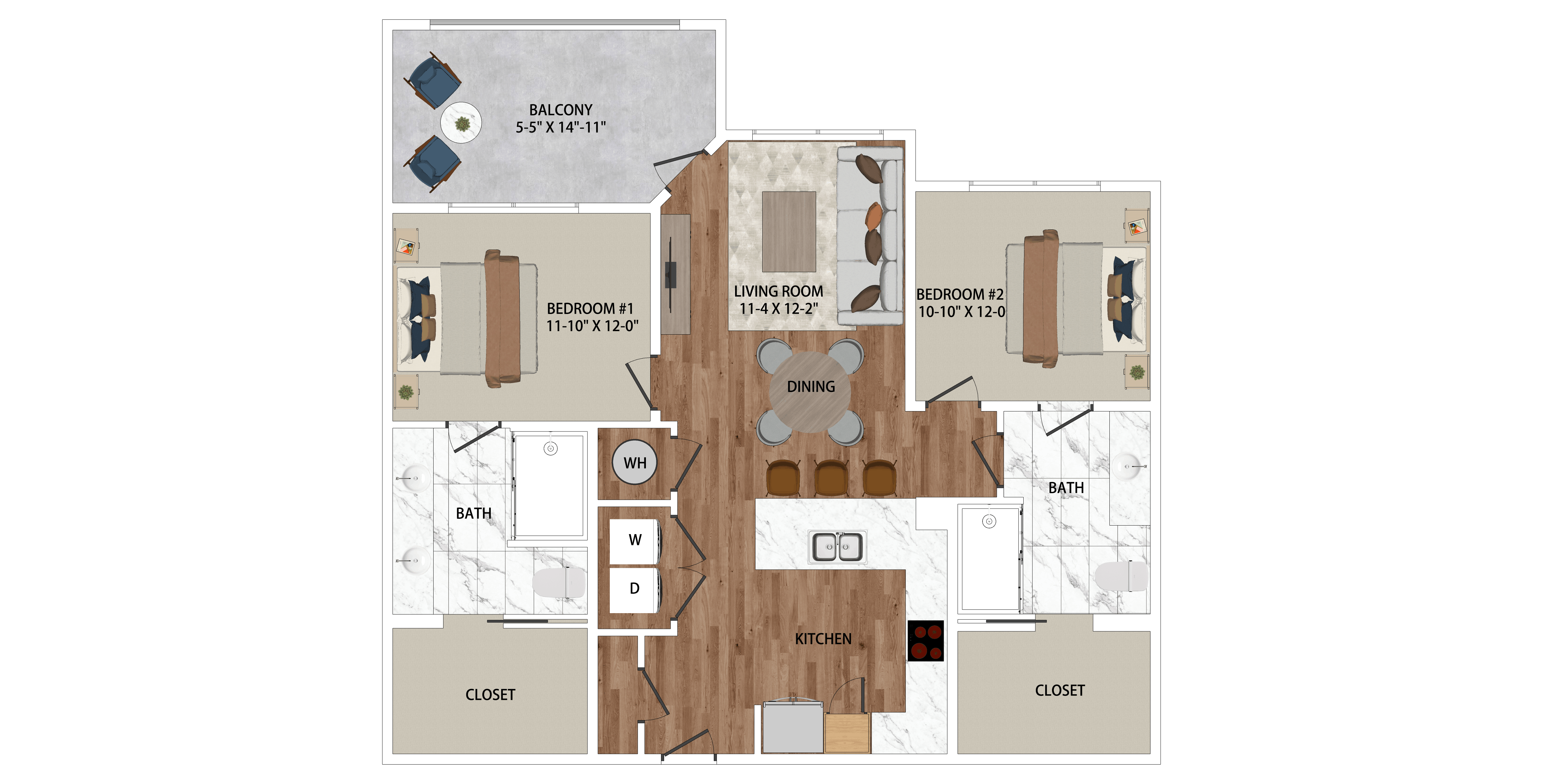 Floor plan for 2 beds, 2 baths, 1069 sqft